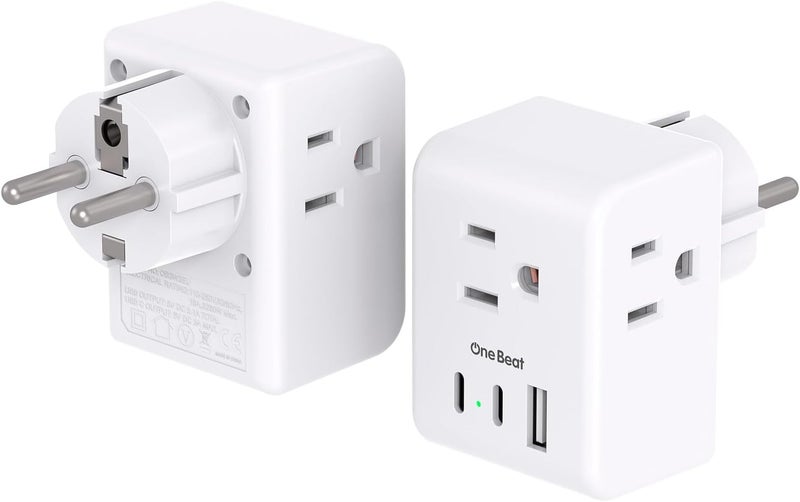 One Beat 2 Pack Germany France Travel Plug Adapter with 3 Outlets 1 USBA 2 USB C, Type E/F International Power Adapter, Travel Essentials US to Europe France Germany South Korea Netherlands - Image 1
